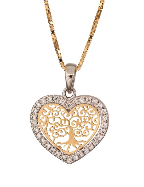 Pendente cuore in oro bianco e albero vita in oro giallo