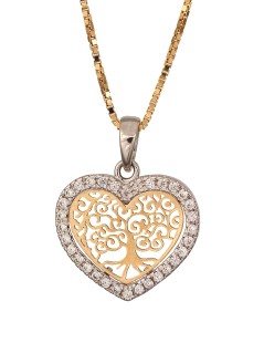 Pendente cuore in oro bianco e albero vita in oro giallo