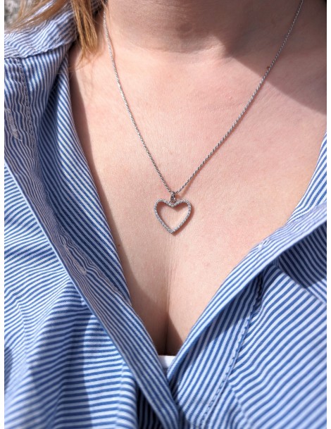 Pendente cuore in oro bianco e zirconi su due lati