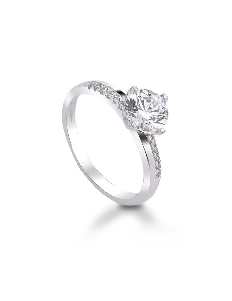 Anello solitario in oro bianco con zirconi