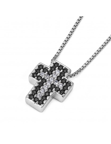 Croce passante in oro bianco con zirconi